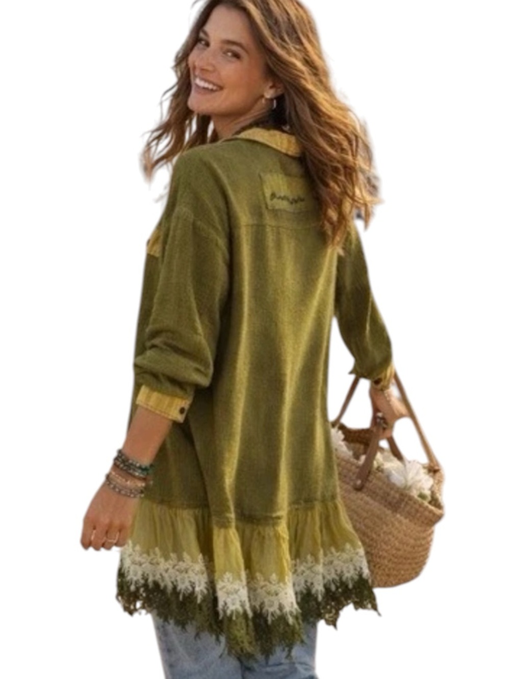 Jaded Gypsy L/XL Olive Waffle Knit Duster/Dress Lace Trim Hem GORGEOUS - Picture 8 of 12